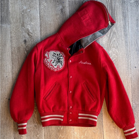 N/A Jackets & Blazers - Red Varsity Jacket with Embroidered Patch AS